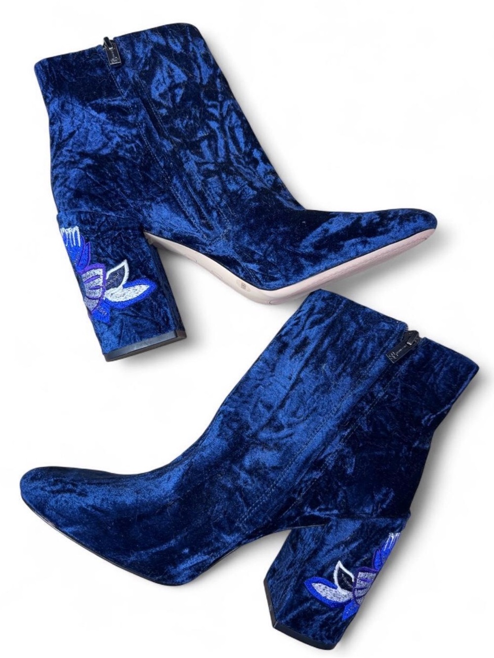Jessica Simpson Royal Blue Velvet Embroidered Block Heel Ankle Boots